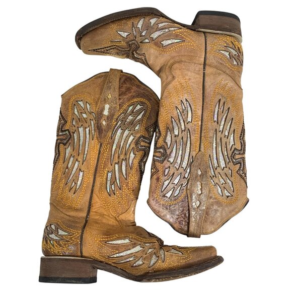 Tan Leather Western Boots w/ Sparkly Cross Wings Embroidery Womens SZ 6.5 B FLAW - Picture 5 of 8